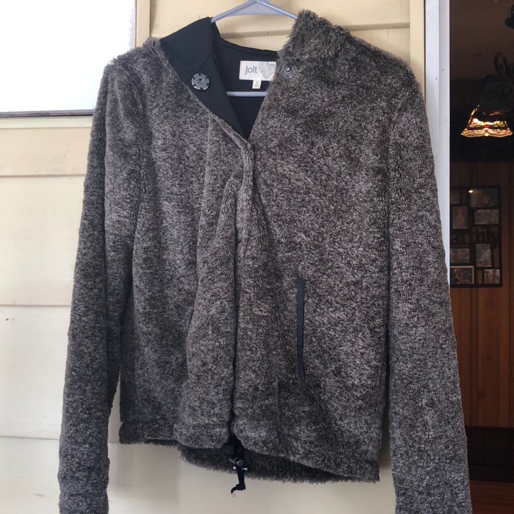 Jolt from buckle fuzzy hooded jacket.